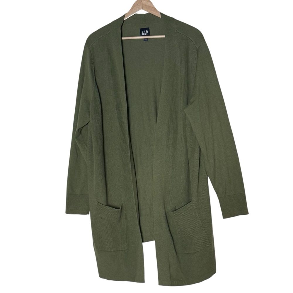 Gap Ribbed Long Open Cardigan Sweater Size XXL Olive Green Pockets Minimalist